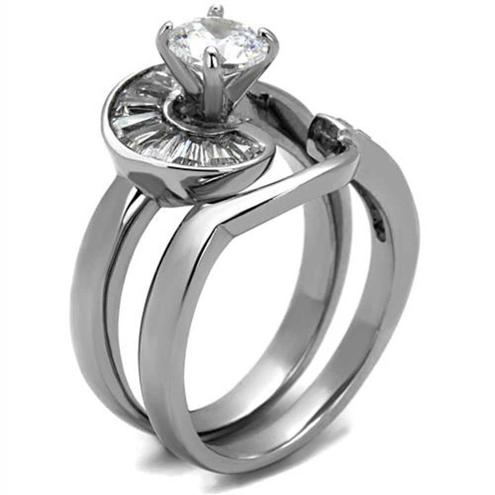 ARTK2617 Women's 1.38 Ct Round & Bagguete Cz Stainless Steel Wedding Ring Set Size 5-10